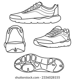 Template vector running shoes  suitable for your custom running shoes  outline vector doodle illustration   front  back  bottom    side  view  isolated and white background 