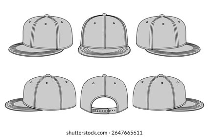 template vector of a snapback baseball cap shown from multiple angles. Ideal for apparel mockups, fashion design templates, n branding presentations in minimal, Blank Streetwear Mock-up. hat template