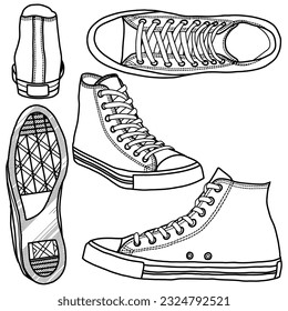 Template vector sneaker high  suitable for your custom sneaker high design  outline vector doodle illustration   front  back  bottom  side   top view  isolated and white background  Editable color
