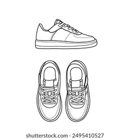 Vorlage Vektorgrafik Sneaker Kinderschuhe, geeignet für Ihr individuelles Sneaker-Design, Outline Vektorgrafik Doodle Illustration, isoliert mit einem weißen Hintergrund.