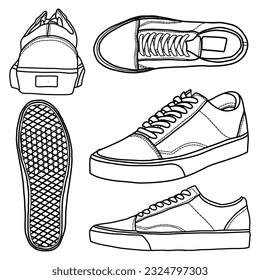 Template vector sneaker low, suitable for your custom sneaker low design, outline vector doodle illustration,  front, back, side and top view, isolated with white background. editable color and stroke