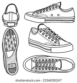 Template vector sneaker low  suitable for your custom sneaker high design  outline vector doodle illustration   front  back  bottom  side   top view  isolated and white background  Editable color