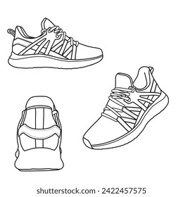 Vorlage, Vektorsneaker. Rahmenvektordoodle-Illustration, Front-, Back- und Seitenansicht. Einzeln auf weißem Hintergrund.