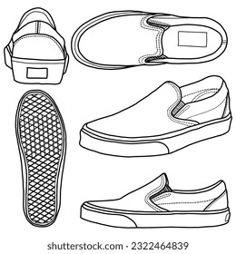 Deslizador de vectores de plantilla, adecuado para su deslizamiento personalizado en el diseño de la escobilla, ilustración del doodle del vector de contorno, vista frontal, trasera, lateral y superior, aislado con fondo blanco. trazo editable