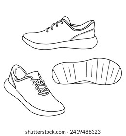 Template vector sneaker slip-on. Outline vector doodle illustration, front, side, and bottom view, isolated with white background. 