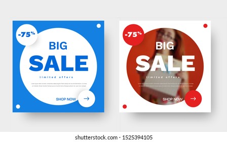 Template vector square blue and white banner with circles, with a photo  big sale. Design with  discount for email newsletters. Layout for social media and mobile app.