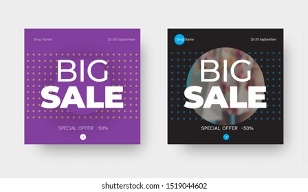 Template vector square purple and black banner with circles, with an arrow button, big sale and girl photo. Design with 50% discount for email newsletters. Layout for social media and mobile app.