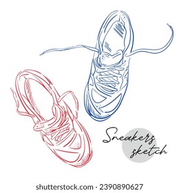 Template vector tennis or running shoes, suitable for your custom sneaker design, outline vector doodle illustration, side, rear, top view, isolated with white background.