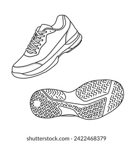Template vector tennis shoes. Outline vector doodle illustration, side, and bottom view, isolated with a white background.