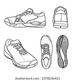 Vorlage Vektor Tennis Schuhe, geeignet für Ihr individuelles Sneaker Design, Umriss Vektor Doodle Illustration, Seite, Heck, isometrisch, Boden und Draufsicht, einzeln auf weißem Hintergrund.