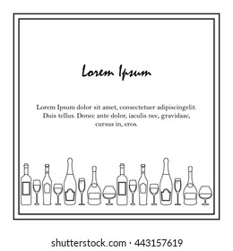 Template, vector, thin line, flat. Wine, red wine, white wine, champagne, brandy, glasses. Template for restaurant, bar, wine shop.