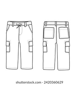 Template vector toddler cargo pants with pockets and drawstring. Outline vector doodle illustration, front, and bottom view, isolated with a white background.