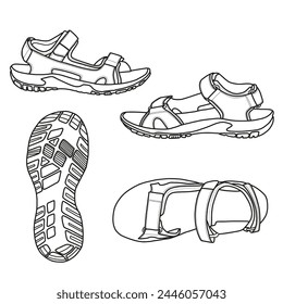 Template vector trekking sandals, suitable for your custom outdoor activity sandals, outline vector doodle illustration. Top, side, and bottom view. Isolated on a white background.