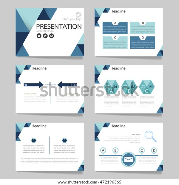 パンフレットプレゼンテーションビジネス用のテンプレートベクター三角形の青いセット 現在のレイアウトとパンフレット イラストのチラシデザインの横にスライド のベクター画像素材 ロイヤリティフリー