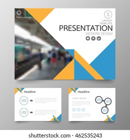 Template vector triangle blue and yellow set for brochure presentation business.Slides horizontal of modern layout and brochure illustration leaflet flyer design 