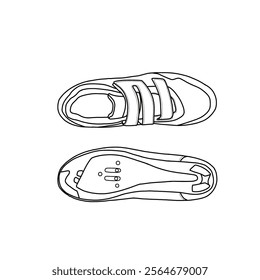 Template vector unisex cycling shoes, indoor riding shoes, riding shoe bicycle with delta cleats. Outline vector doodle illustration, front, and bottom view. Isolated on a white background.