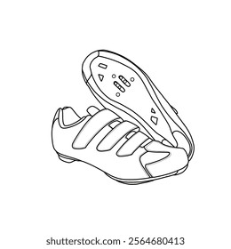 Template vector unisex cycling shoes, mountain bikes, riding shoe bicycle. Outline vector doodle illustration, front, side, and bottom view. Isolated on a white background.