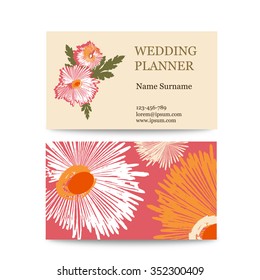 template of vector vintage business cards with floral logo. Ideal for a wedding planner or florist. Feminine print design business card