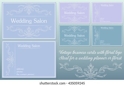 template of vector vintage business cards with floral logo. Ideal for a wedding planner or florist. Feminine print design