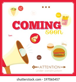 Template of vector vintage coming soon poster. Retro design elements. Poster with labels and ribbons in cute style isolated on white background. Set icons for opening shops, cafes, restaurants.