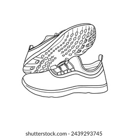 Template vector water shoes, suitable for your custom kayaking shoes, stand-up paddle boarding, and snorkeling. Outline vector doodle illustration.