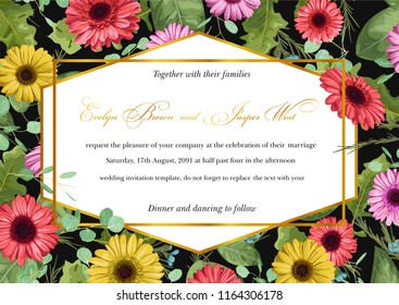 Template vector watercolor floral invitation of gerberas and leaves, branches of eucalyptus, wax flowers with golden geometric frame. For postcards, weddings, banners, valentines, mother's day
