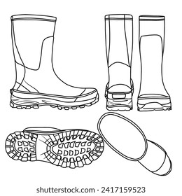 Template vector of Waterproof Rubber Tall Boot Rain Line art. Hand drawn side, front, rear, top, and bottom view. suitable for your Boots shoes design, Isolated on white background