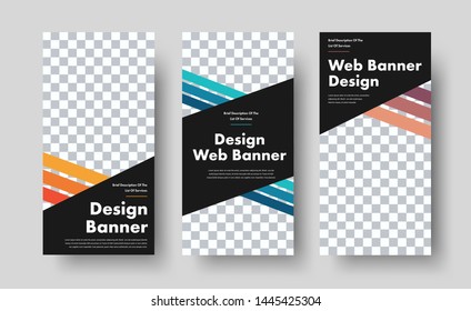 Template of vector web banners with place for photo and diagonal colored stripes. Standard size for business, sports and advertising. Design set