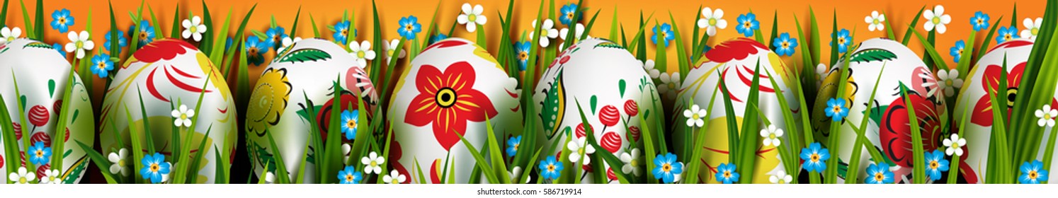 Template vector web header with realistic eggs, grass and flowers. Happy Easter. Bright yellow background. Floral Russian painted. 3D.