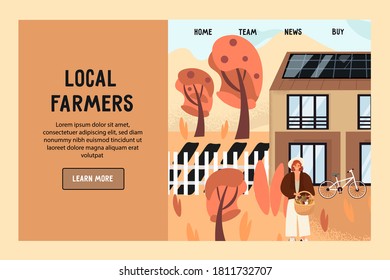 Template vector website of farm shop. Landing page concept. Eco-house, vegetable garden, bike and joyful young woman with a basket of vegetables. Autumn harvest and vegetable garden. 