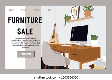 Template vector website of furniture store. Landing page concept. Modern minimalistic hand drawn cabinet interior vector flat illustration. White walls, wooden table, computer and shelf.
