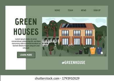 Sitio web del vector de plantilla de las empresas de construcción de casas verdes. Concepto de página de inicio. Casa ecológica con paneles solares, papeleras de clasificación de residuos, huerto y bicicleta. Ilustración plana vectorial en estilo de caricatura