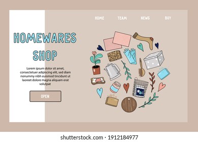 Template vector website of homewares shop with illustrations about home in cartoon style. Landing page concept. Concept about love for home. Household items, clothes and hearts. 