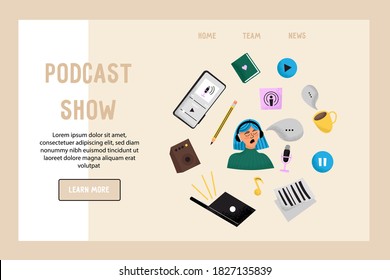 Template vector website of podcast show or podcast studio. Landing page concept. Round concept with set of funny vector podcasting texture elements. in cartoon style. Talking girl, smartphone, laptop.