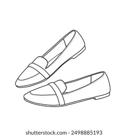 Template Vektor Frauen spitzen Zehenlöffel flache Schuhe, Slip-on Casual Schuhe handgezeichnet Sammlung, geeignet für Ihren benutzerdefinierten Löffel Design. Kontur, Vektordoodle-Illustration