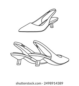 Template vector women's kitten heels closed pointed toe elastic slingback hand-drawn collection, suitable for your custom kitten heels design. Outline vector doodle illustration