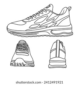 Template vector Womens Low Top Platform Shoes, suitable for your custom Tennis Sneakers Shoes design, outline vector doodle illustration, side, front and rear view, isolated with white background.