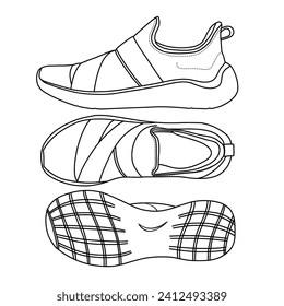 Vector de plantilla Las mujeres se deslizan en zapatos, adecuado para su diseño de zapatillas Sport Sneakers, ilustración de doodle vector contorno, vista lateral, superior e inferior, aislado con fondo blanco.