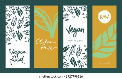 Conjunto de banner vegano de plantilla. Patrón de cultivos de grano extraído a mano, iconos de granos de pan. Antecedentes de hoja fresca vectorial para el diseño de embalajes de panadería, etiqueta de pan, banner de comida saludable, sitio web restaurante vegetariano