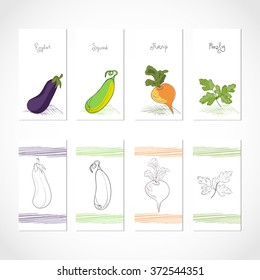 Template. Vegetables. It can be used for packing of seeds. Sketch. Set.