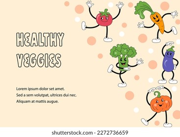 Template with vegetables are doing exercise or dancing for party invitation, healthy lifestyle poster, fitness event. Retro cartoon characters design. Vector illustration.