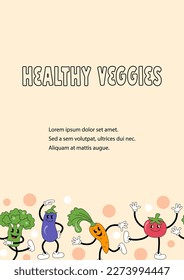 Template with vegetables are doing exercise or dancing for invitation, healthy lifestyle poster, fitness event, veggies party. Retro cartoon characters design. Vector illustration.