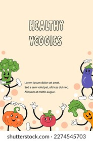 Template with vegetables are doing exercise or dancing for invitation, healthy lifestyle poster, fitness event, veggies party. Retro cartoon characters design. Vector illustration.