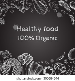 Template vegetarian frame for menu. Vintage black and white illustration in the style of engravings. Food flyer. Healthy vegetarian food. Hand drawing vector background.