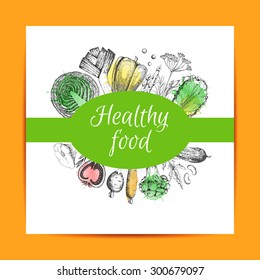 Template vegetarian menu for cafe and restaurant. Vintage black and white illustration in the style of engravings. Healthy vegetarian food. Hand drawing vector background. Watercolor.