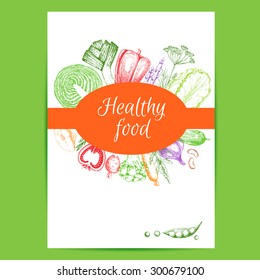 Template vegetarian menu for cafe and restaurant. Vintage illustration in the style of engravings. Healthy vegetarian food. Hand drawing vector background. Colorful. 