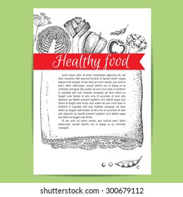 Template vegetarian menu for cafe and restaurant. Healthy vegetarian food. Hand drawing vector background. Vintage black and white illustration in the style of engravings.
