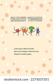 Template with veggies are doing exercise or dancing for invitation, healthy lifestyle poster, fitness event, veggies party. Retro cartoon characters design. Place for text. Vector illustration.