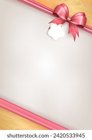 Template of vertical banner with pink bow ribbon and paper label tag in the corner as frame and copy space for text on white background. Greeting card - gift box with realistic 3d tied bow and sticker