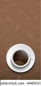 Template vertical banner. Top view of black coffee cup on a background of drawings by hand. Vector illustration